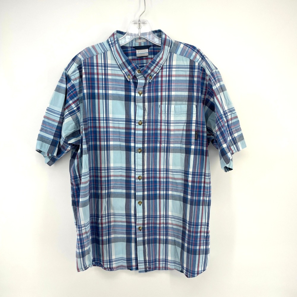 Columbia Short Sleeve Plaid Button‎ Down Shirt Mens 2XT Tall Blue Regular Fit - Picture 2 of 8
